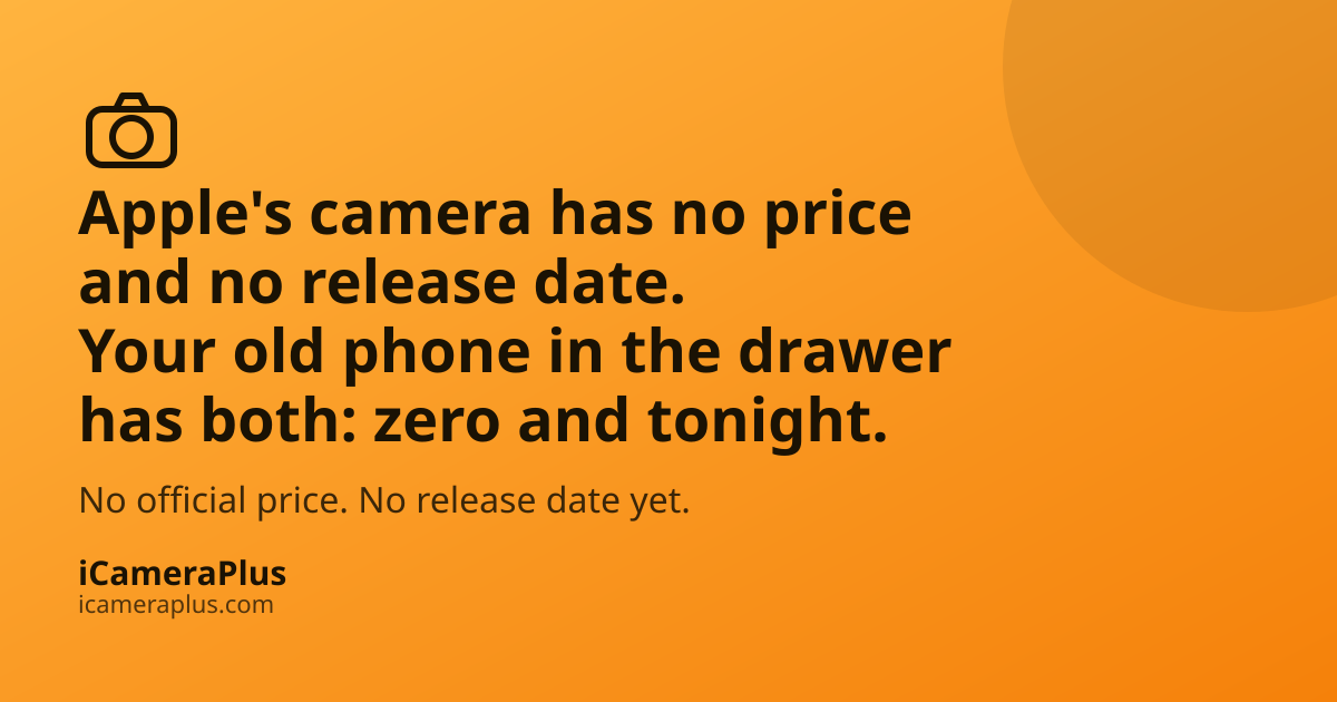 Headline card reading "No Price. No Release Date. Your Phone Has Both." over an orange gradient with a camera icon and iCameraPlus brand strip