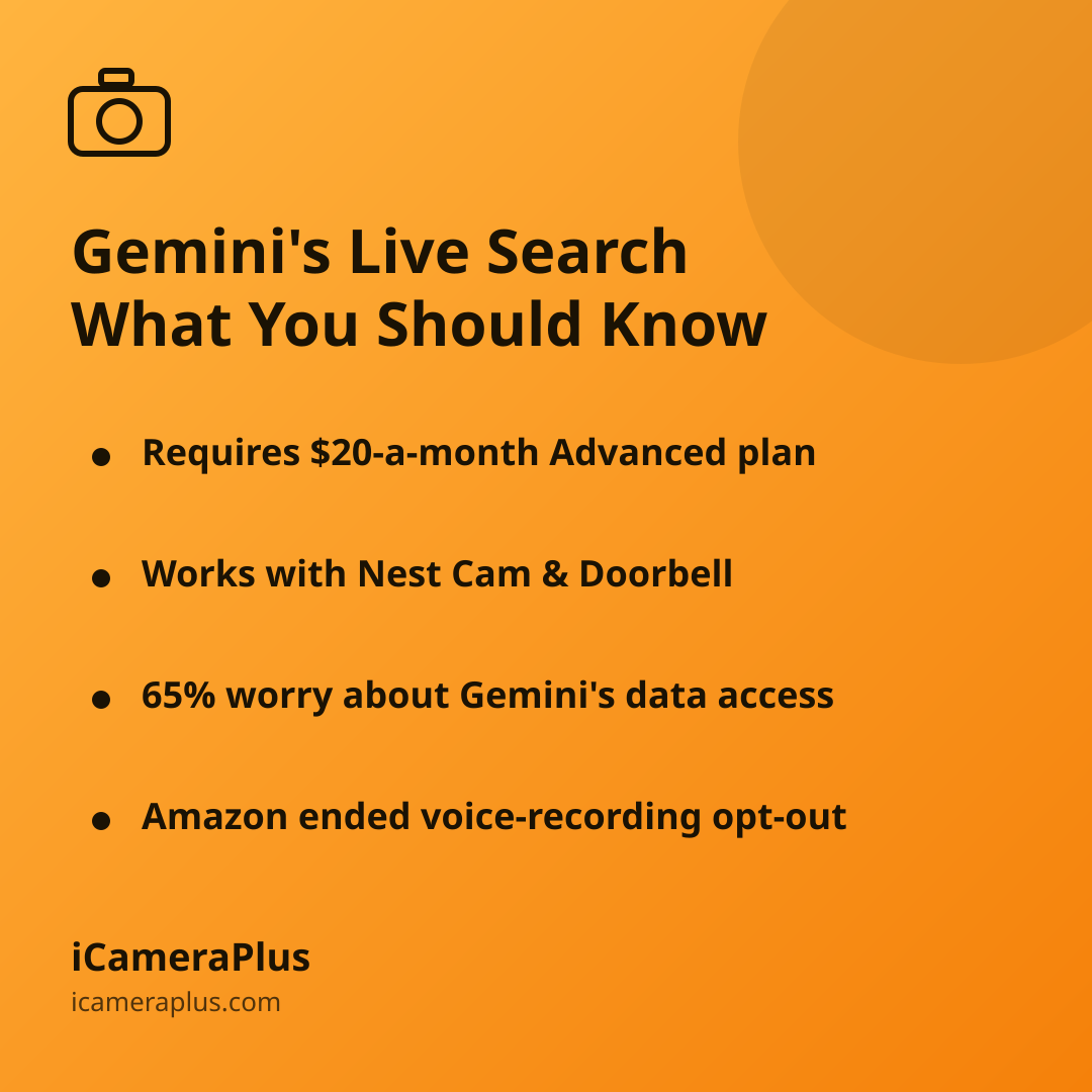 Orange gradient card with heading "What Live Search Actually Does" and four bulleted takeaways about Gemini's camera AI feature