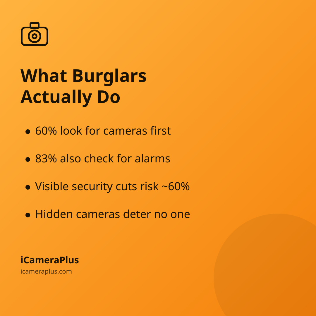 Orange gradient card titled "What Burglars Actually Do" with four bulleted takeaways: 60% look for cameras first, 83% also check for alarms, visible security cuts risk about 60%, hidden cameras deter no one. iCameraPlus branding at bottom.