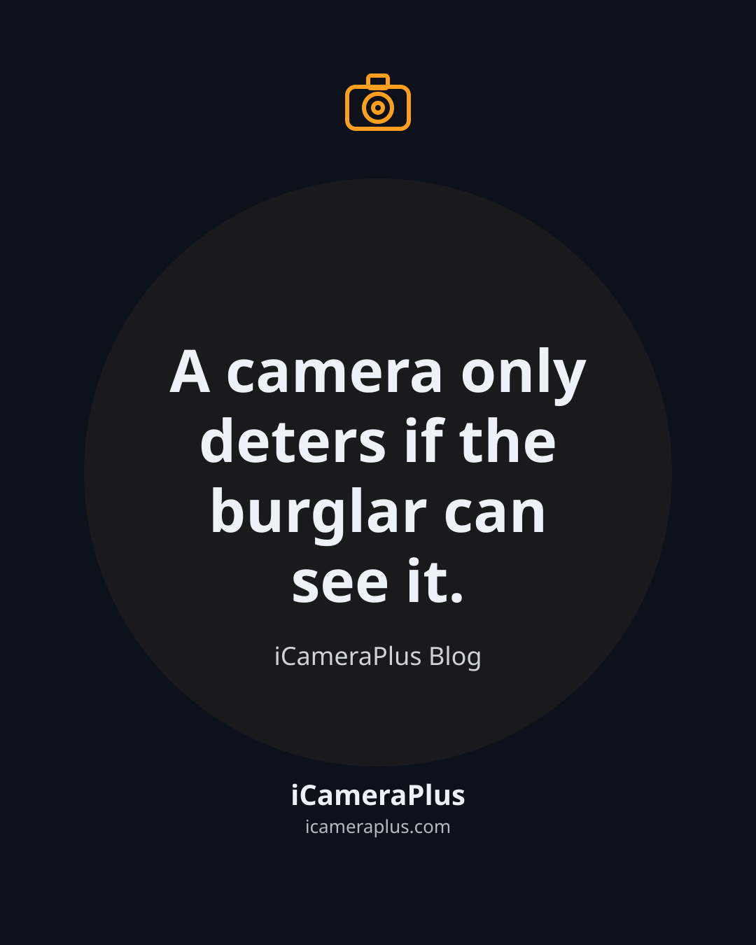 Dark navy quote card with orange camera icon and the line "A camera only deters if the burglar can see it," attributed to iCameraPlus Blog.