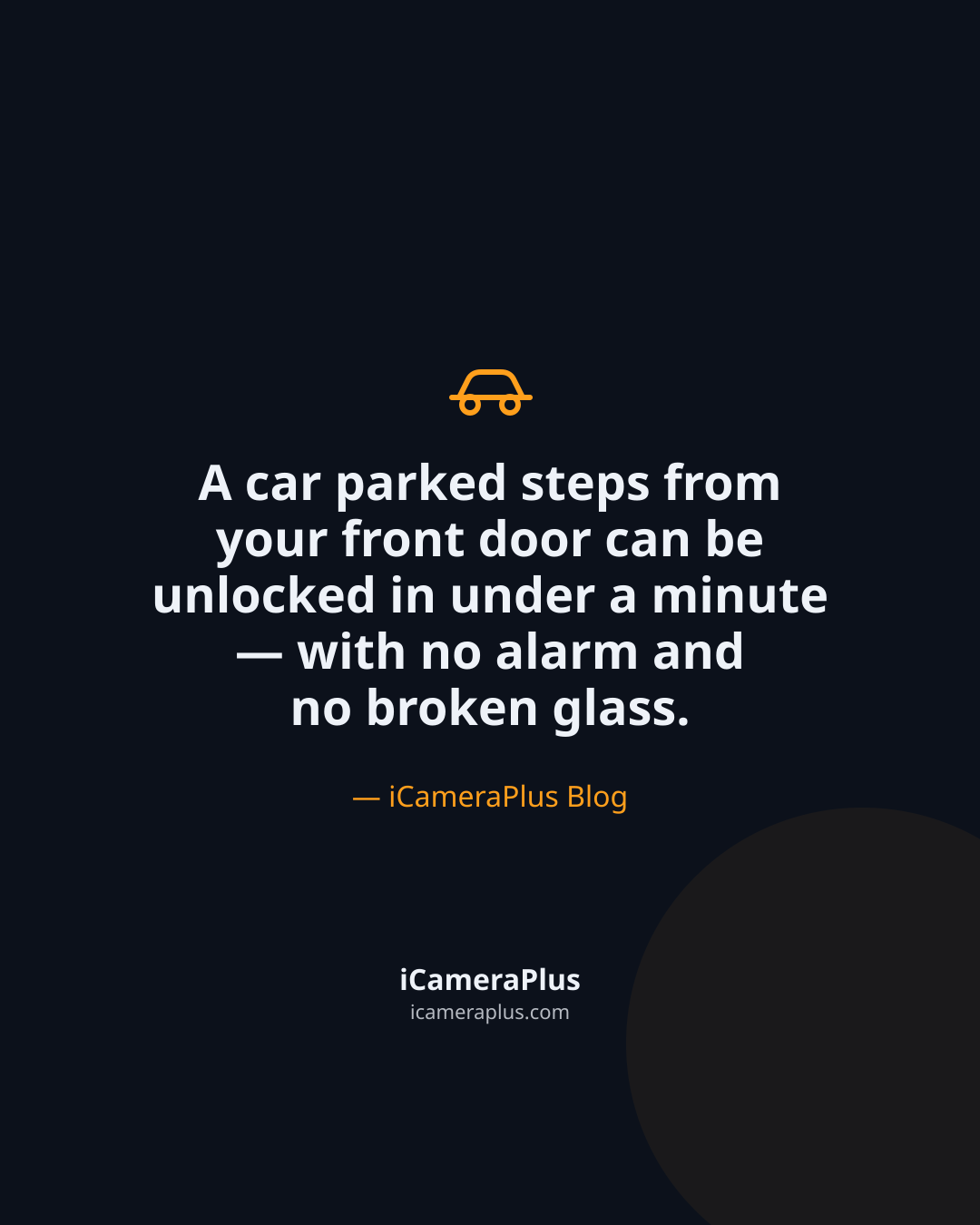Dark navy quote card with a car icon and the sentence "A car parked steps from your front door can be unlocked in under a minute — with no alarm and no broken glass," attributed to iCameraPlus Blog