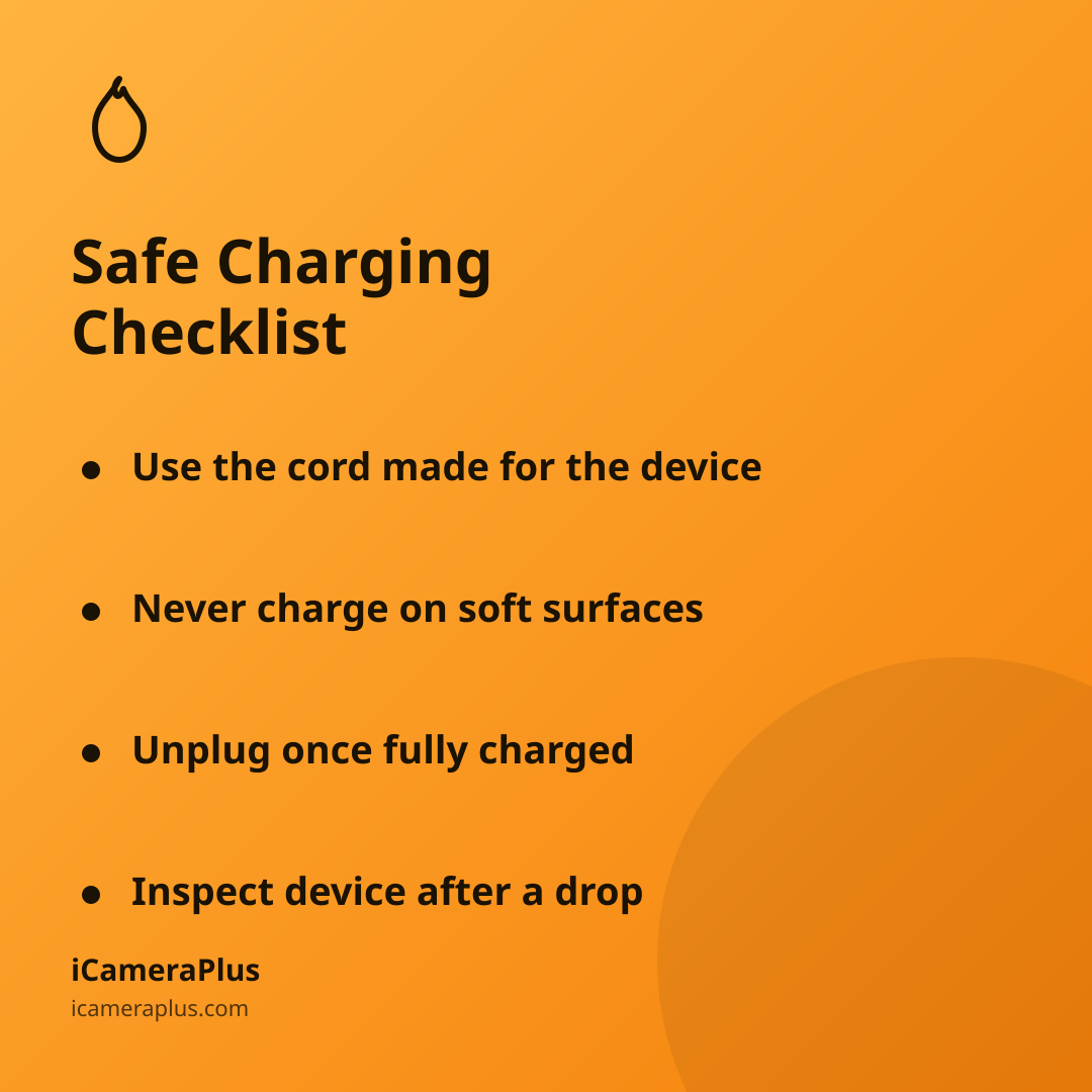 Checklist card titled "Safe Charging Checklist" with four bulleted safety tips on an orange gradient background