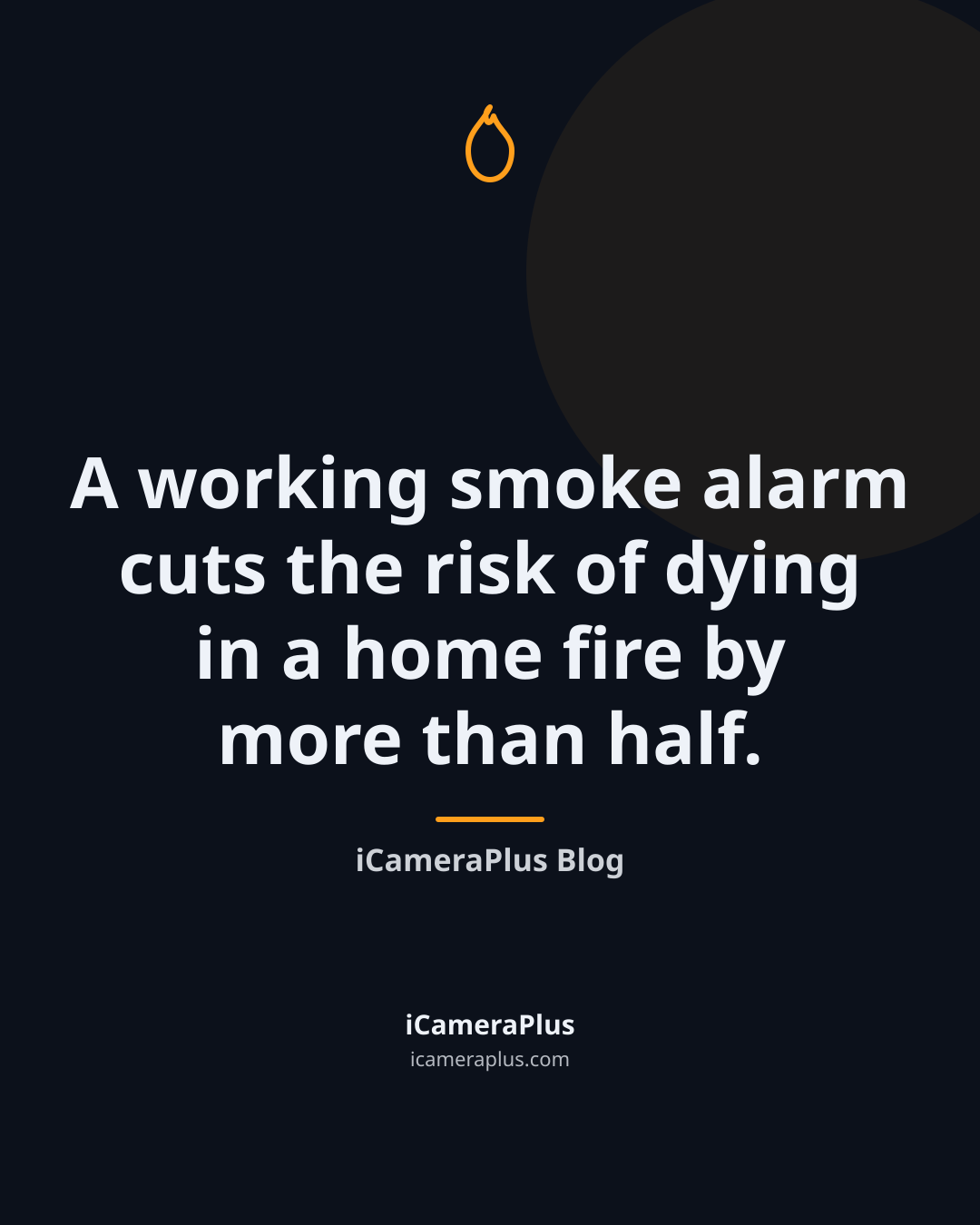 Dark navy quote card reading "A working smoke alarm cuts the risk of dying in a home fire by more than half" attributed to iCameraPlus Blog, with a hand-drawn flame icon