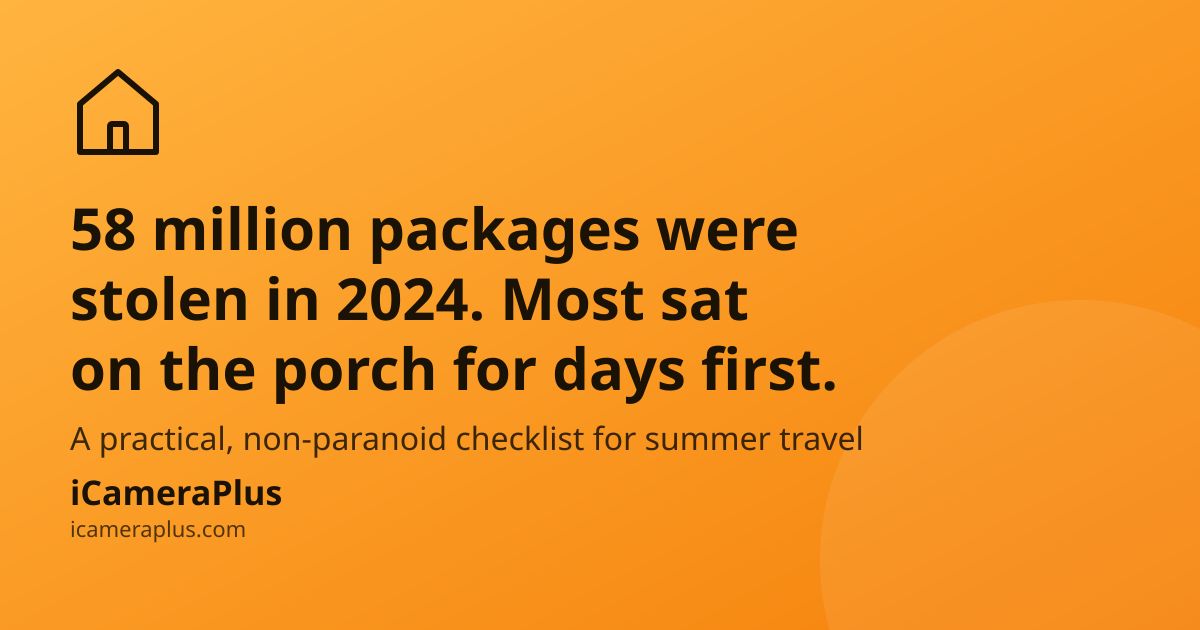 Orange gradient card with a hand-drawn house icon, headline "58 million packages were stolen in 2024. Most sat on the porch for days first," a supporting line about a non-paranoid travel checklist, and the iCameraPlus brand footer