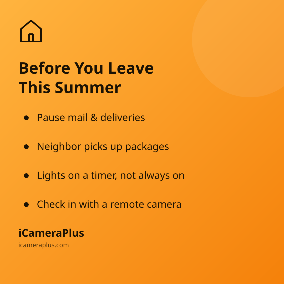 Orange gradient card headed "Before You Leave This Summer" listing four bulleted pre-travel checklist items over a small house icon