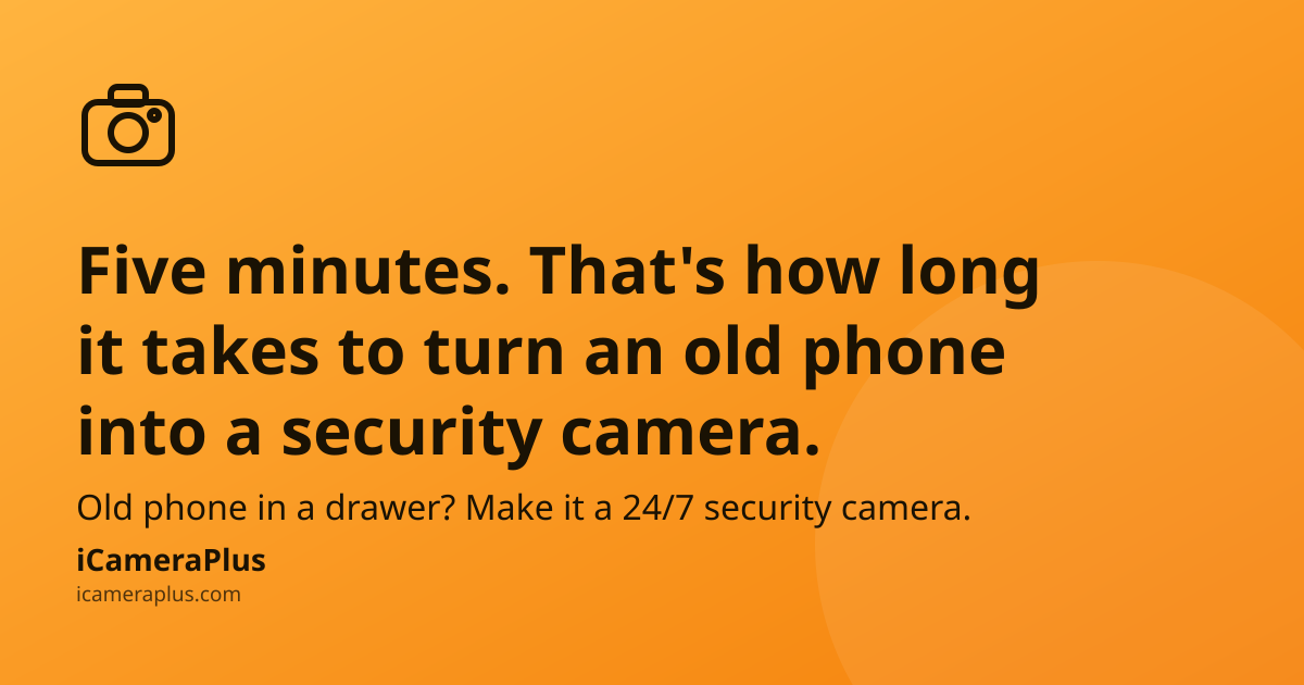 Headline "Five minutes. That's how long it takes to turn an old phone into a security camera." on an orange gradient card with a hand-drawn camera icon and iCameraPlus branding