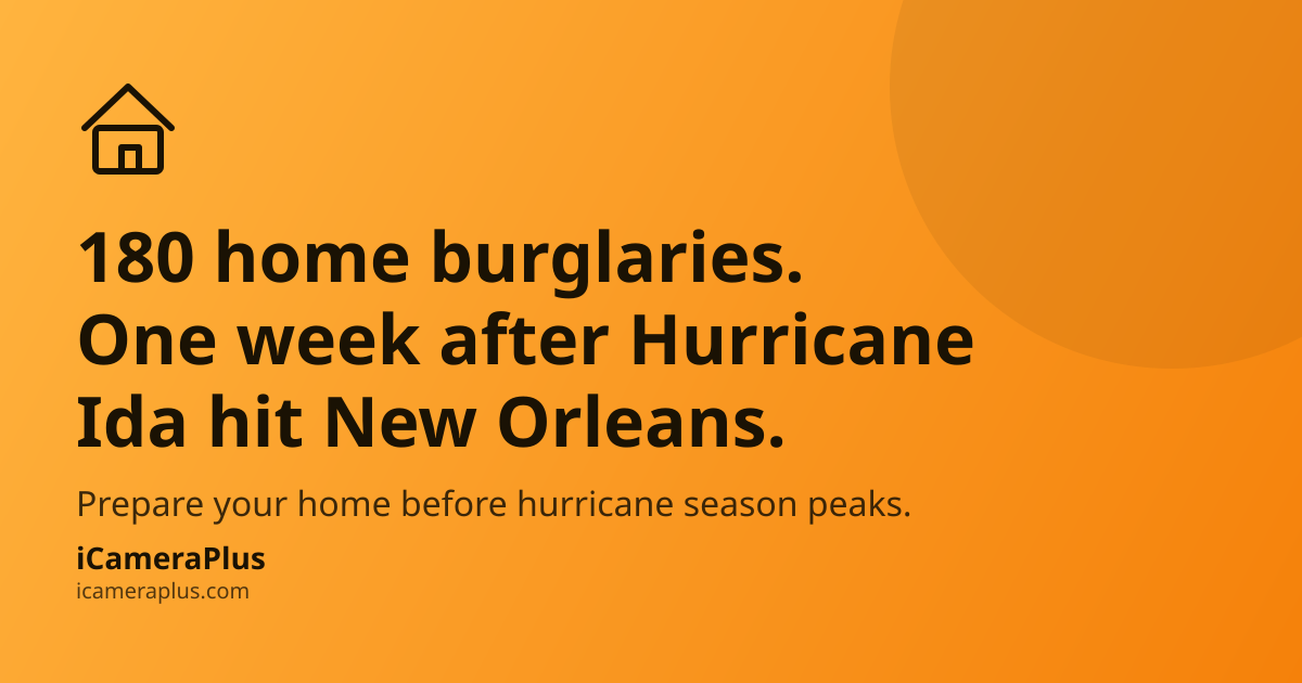 Orange gradient card headlining "180 home burglaries. One week after Hurricane Ida hit New Orleans." with a house icon and iCameraPlus branding