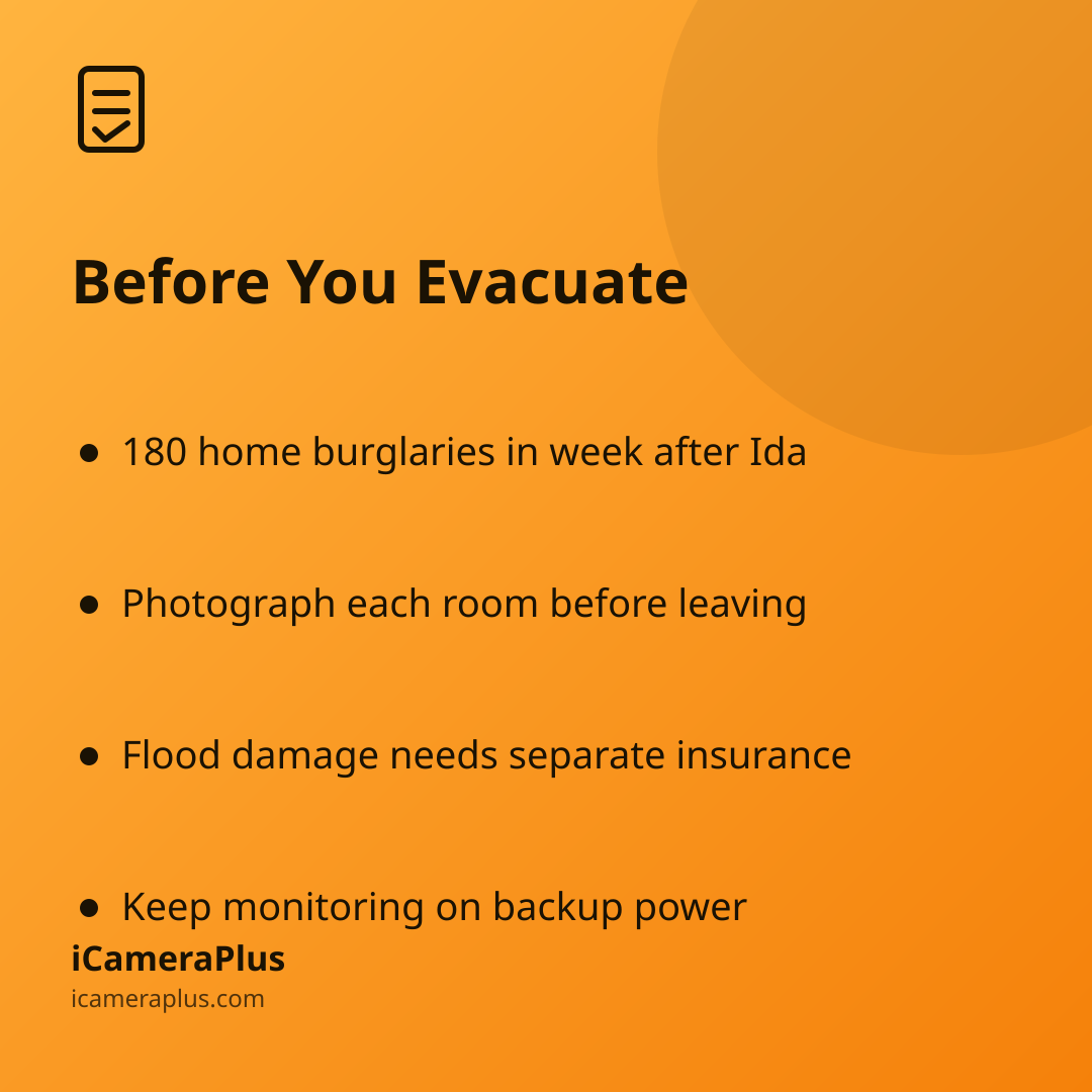 Orange gradient card titled "Before You Evacuate" listing four storm-prep takeaways with bullet markers and iCameraPlus branding