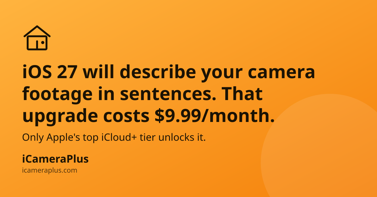 Orange gradient card with headline "iOS 27 will describe your camera footage in sentences. That upgrade costs $9.99/month." a subline about the iCloud+ tier requirement, a drawn house icon, and the iCameraPlus brand strip