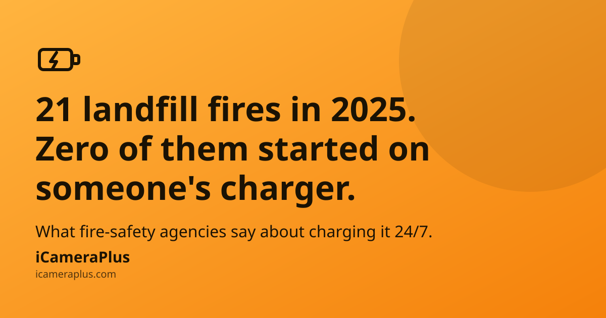 iCameraPlus blog share card: headline "21 landfill fires in 2025. Zero of them started on someone's charger." on an orange gradient background with a hand-drawn battery-and-bolt icon and the iCameraPlus brand mark