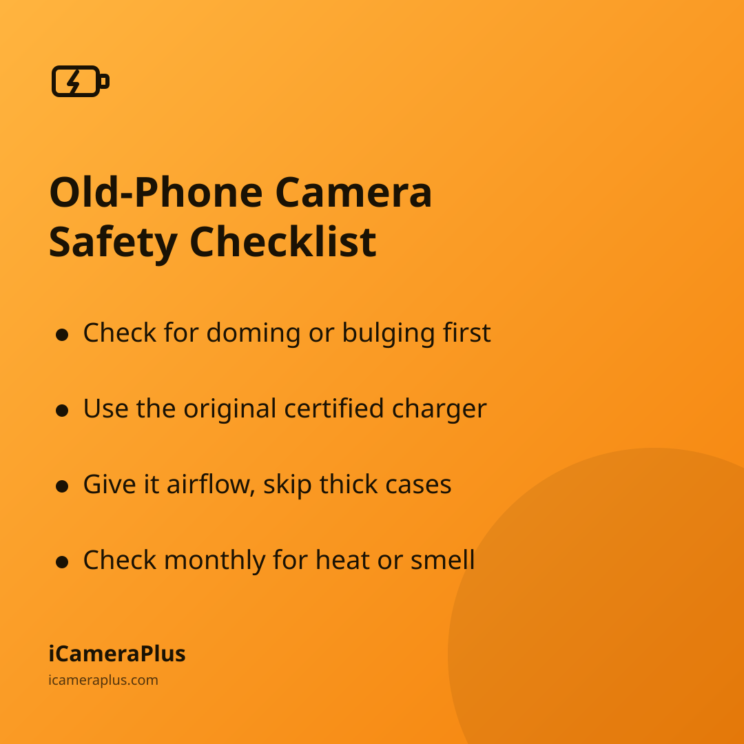 iCameraPlus blog share card titled "Old-Phone Camera Safety Checklist" listing four bulleted safety tips on an orange gradient background with a battery icon