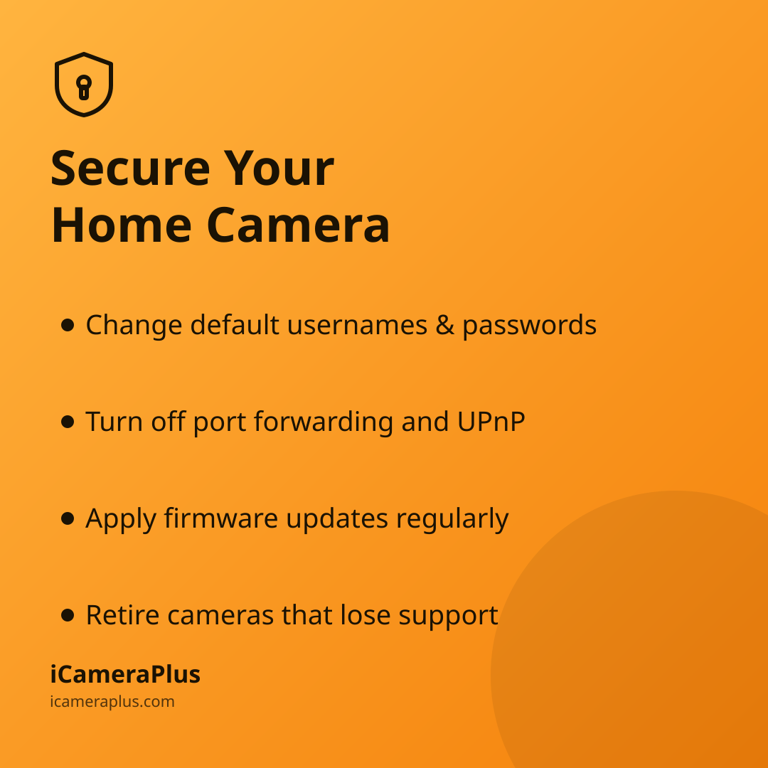Four security takeaways for protecting a home camera, on orange gradient background with bulleted list