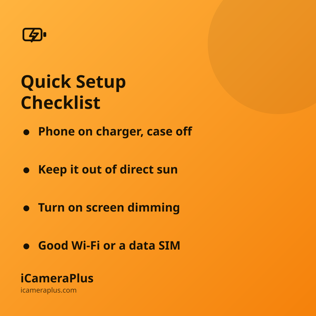 Orange gradient checklist card titled "Quick Setup Checklist" with four bulleted setup tips and the iCameraPlus brand mark