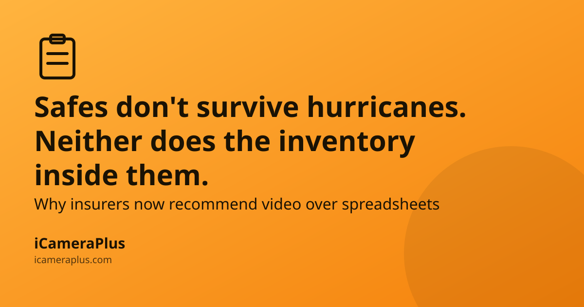 Orange gradient card with a hand-drawn clipboard icon, headline "Safes don't survive hurricanes. Neither does the inventory inside them.", a supporting line about video inventories, and the iCameraPlus brand strip.