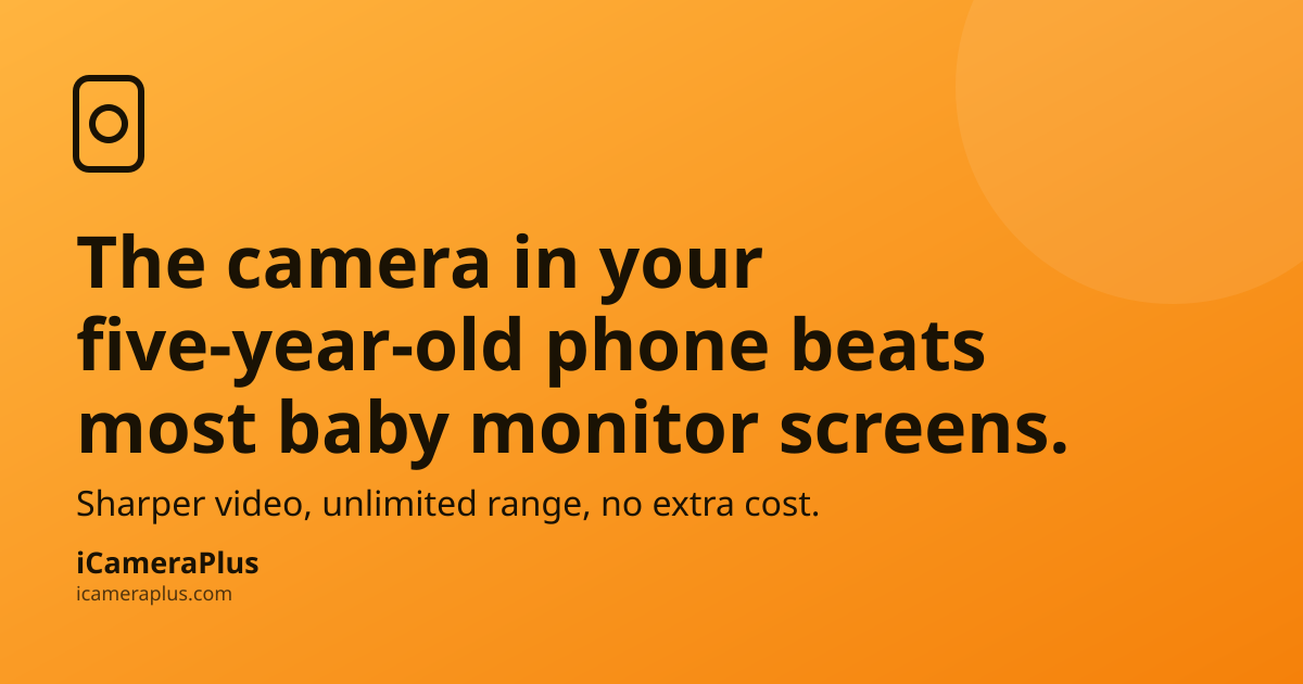 Orange gradient card with a phone-and-camera-lens icon and the headline "The camera in your five-year-old phone beats most baby monitor screens," plus the iCameraPlus brand mark