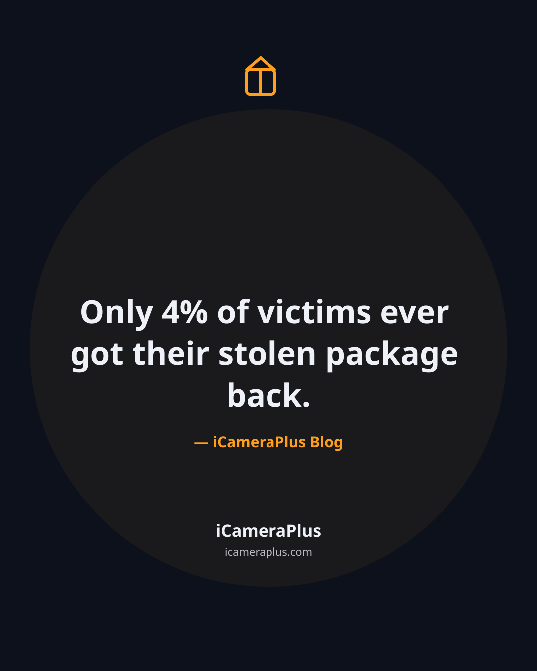 Tall navy quote card centered on the sentence "Only 4% of victims ever got their stolen package back," attributed to iCameraPlus Blog, with a drawn package icon above it.