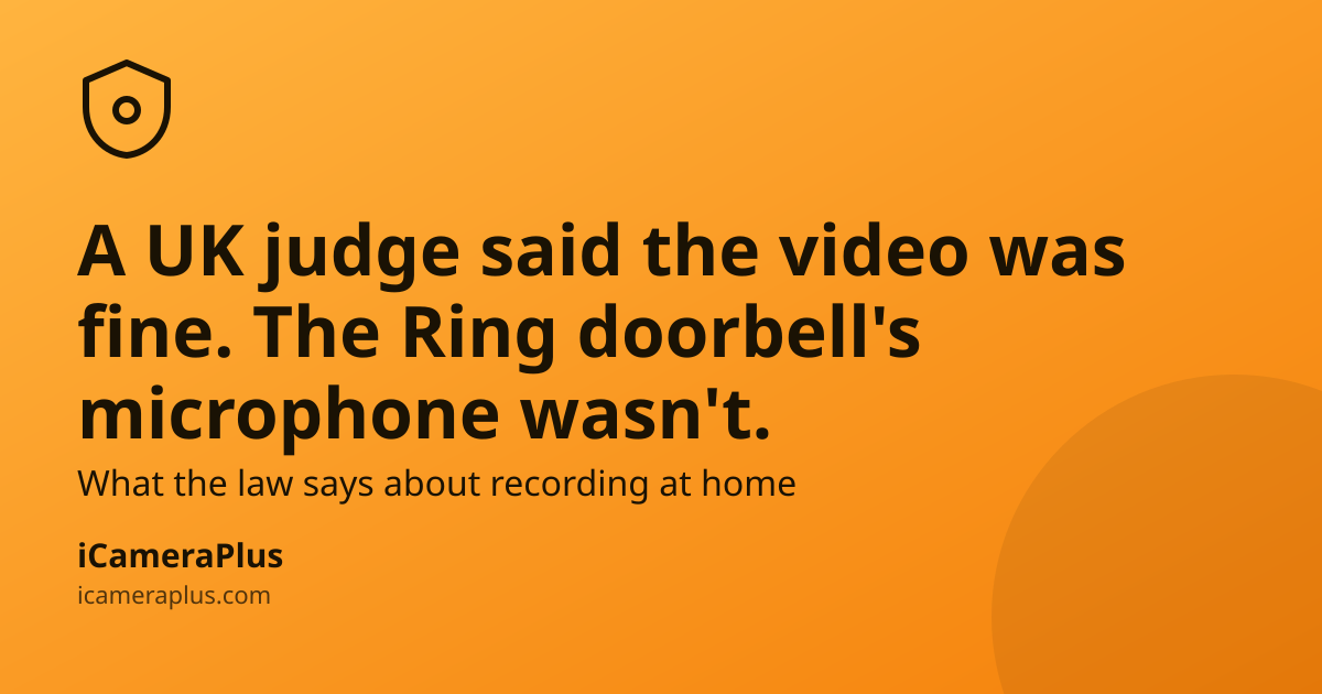 Orange gradient card with a shield-and-lens icon, headline "A UK judge said the video was fine. The Ring doorbell's microphone wasn't." and iCameraPlus branding