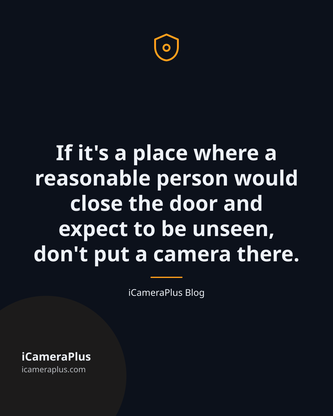 Dark navy card with a centered quote: "If it's a place where a reasonable person would close the door and expect to be unseen, don't put a camera there," attributed to iCameraPlus Blog