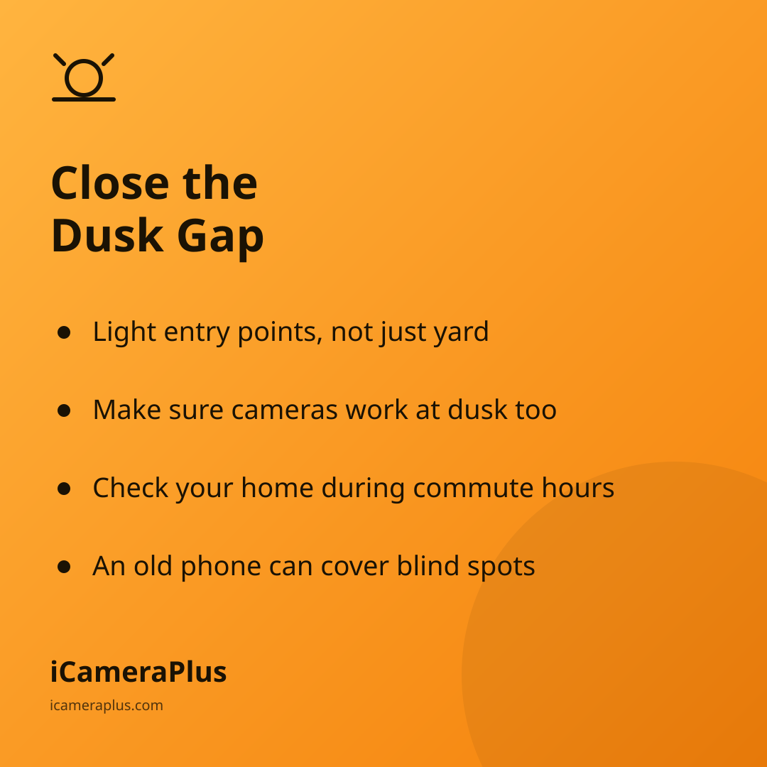 Takeaway card "Close the Dusk Gap" with four practical tips: light entry points, check cameras work at dusk, watch commute hours, reuse an old phone for coverage.