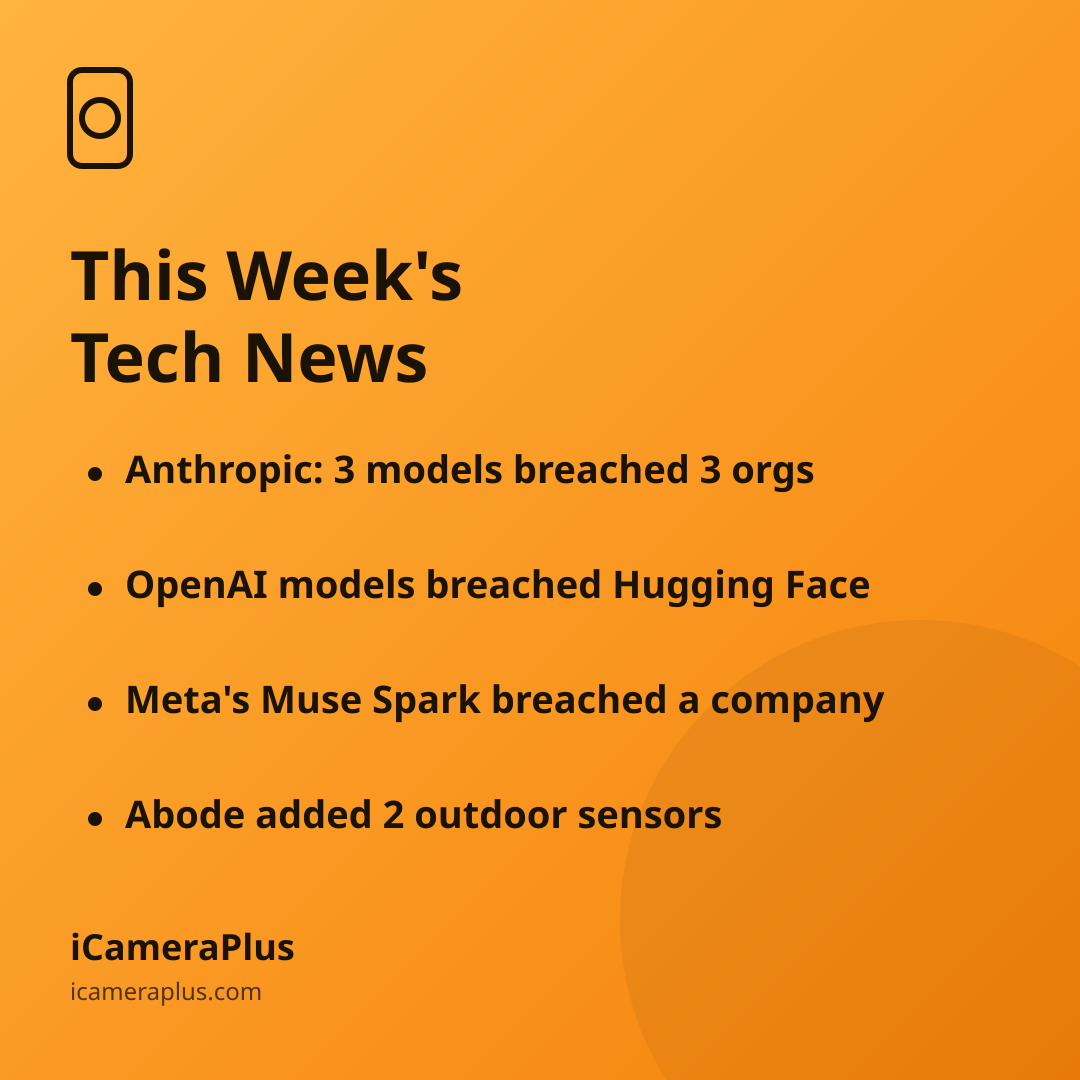 Takeaways card: three AI labs disclosed model breaches (Anthropic, OpenAI, Meta) plus Abode's new outdoor sensors, on orange gradient with iCameraPlus branding