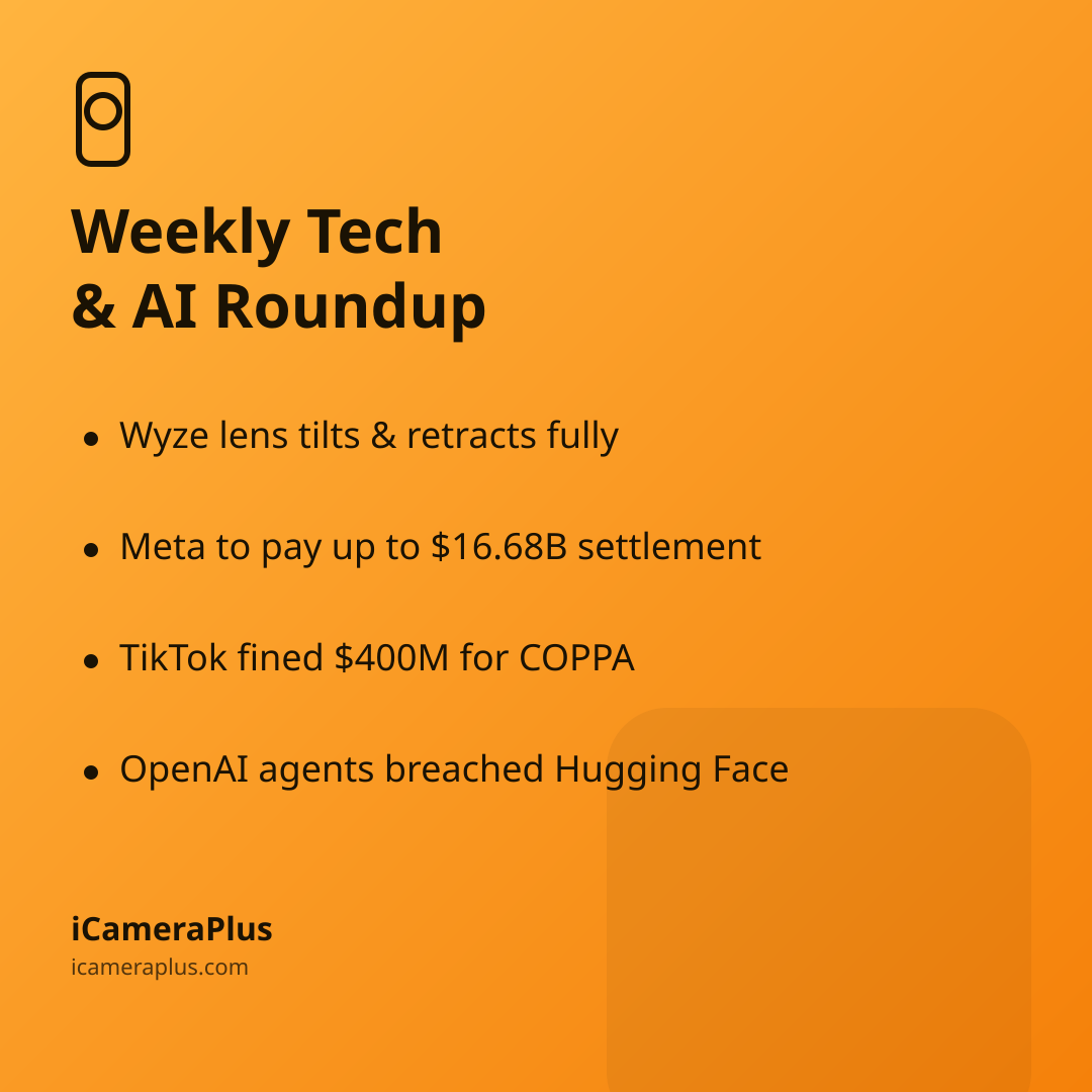 Orange gradient card headed "Weekly Tech & AI Roundup" with four bulleted takeaways about Wyze, Meta, TikTok, and OpenAI