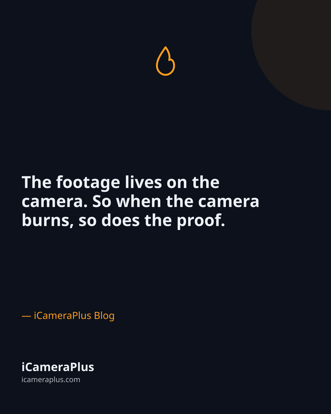 Dark navy card with a flame icon and the centered quote "The footage lives on the camera. So when the camera burns, so does the proof." attributed to the iCameraPlus Blog
